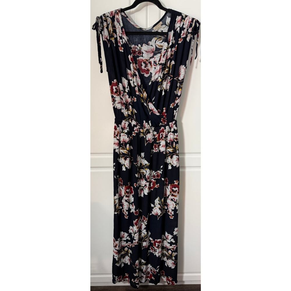 Anthropologie Anama Blue Floral Maxi Dress Ruched Shoulder Size L
